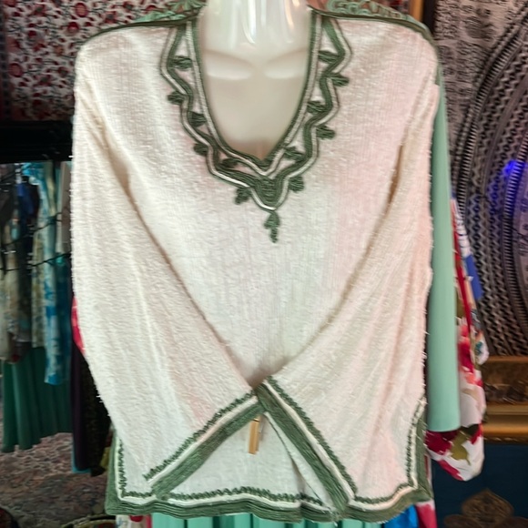 Morocco Tops - Morocco Boho Top Off White  Green Vintage